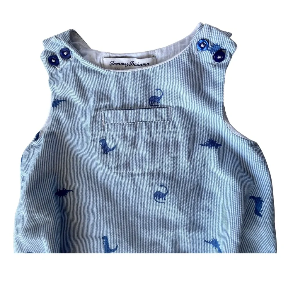 Tommy Bahama 6-9 M Light Blue White Striped Baby Bubble Romper Dinosaurs Overall